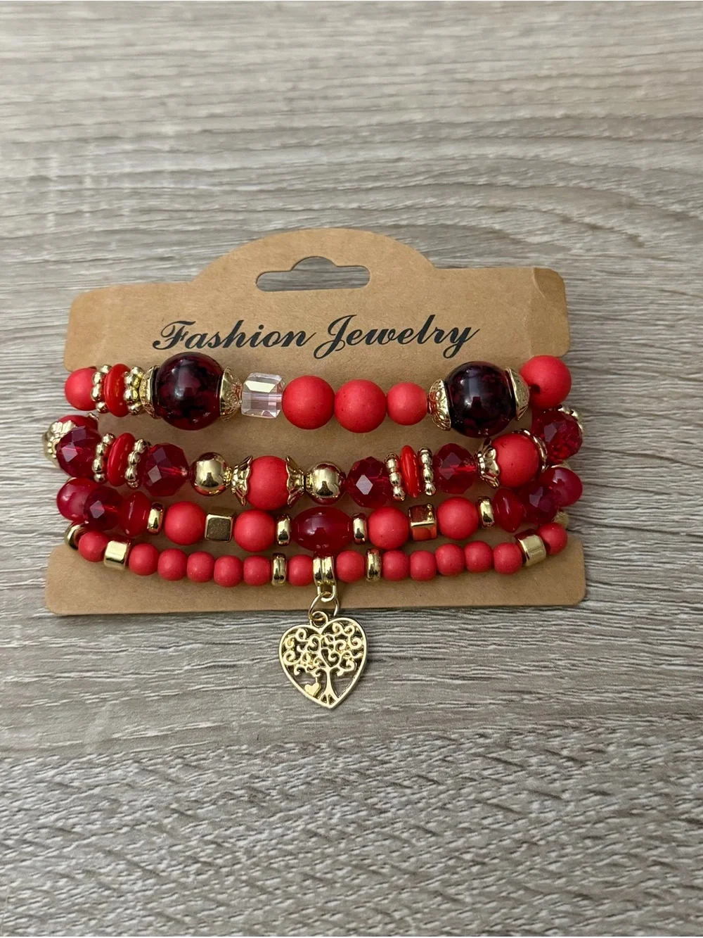 Red & Gold Beaded Bracelet Stack with Tree of Life Heart Charm NWT